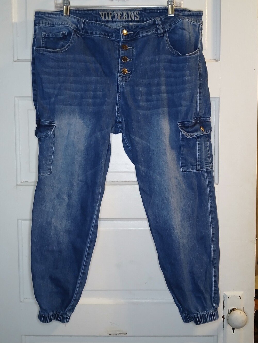 VIP Jeans Womens Size 20 Cargo Jogger Jeans Button Fly Elastic Hem Blue